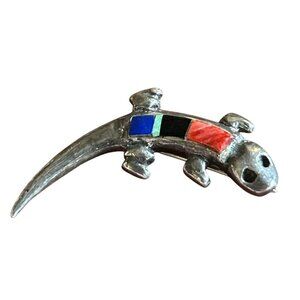 Vintage Silver Lizard Shaped Multicolor Inlay Brooch Pin